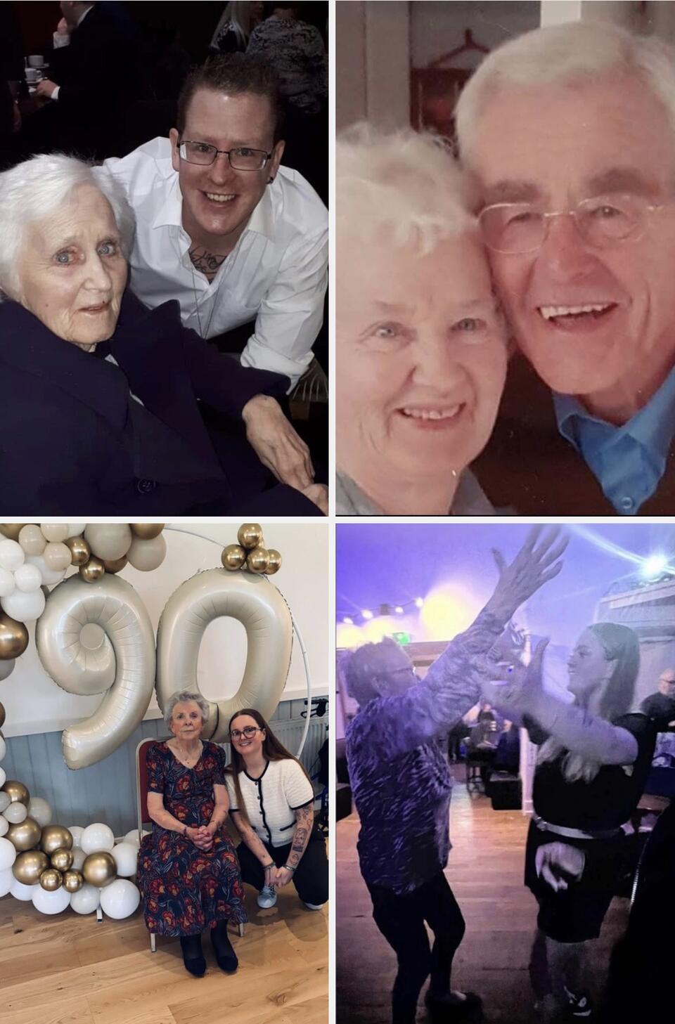 A collage of four photos: an elderly woman and a younger person, an older couple, a woman and younger person in front of a 90 balloon and people at a party