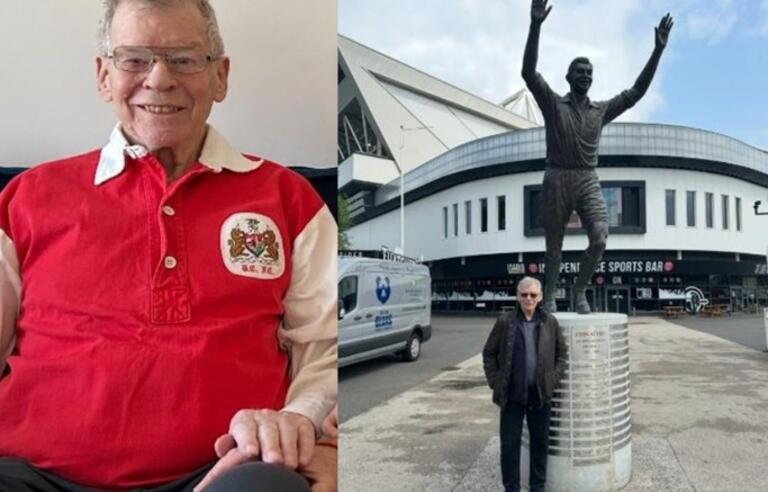 A seated photo of Adron O'Connor wearing his Bristol City shirt and a photo in front of the John Atyeo statue in Bristol