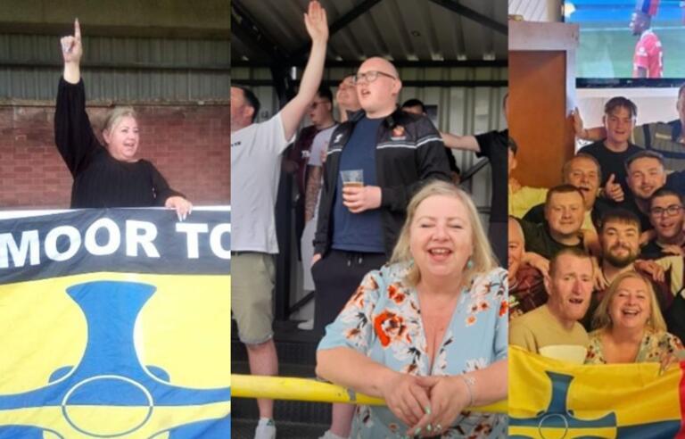 Three images of Anita Goundry enjoying football