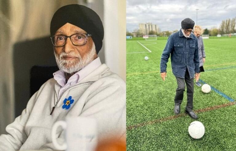 Portrait of Baldev Grewal and Baldev playing football