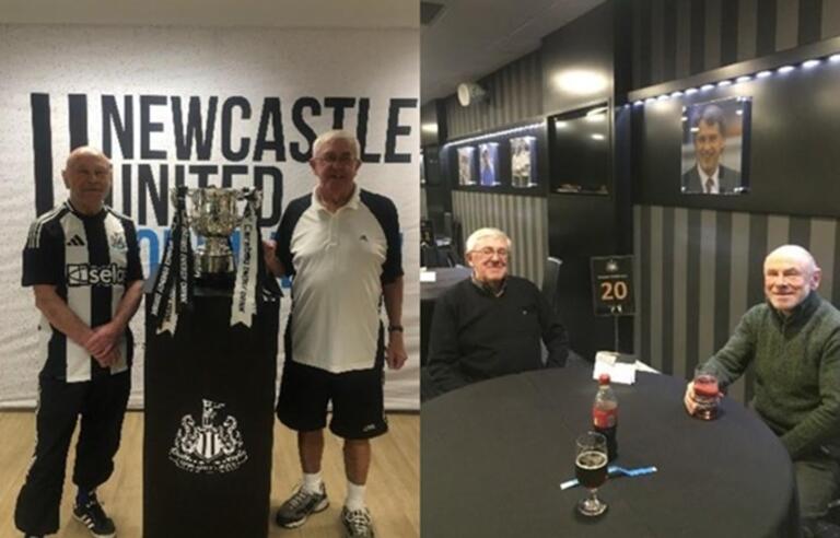 Two photos of Kenneth Farbridge with a football trophy and enjoying a drink