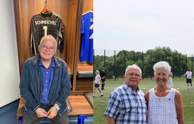 A photo of Nigel Palmer in front of a Schmeichel shirt and a photo of him at a football ground