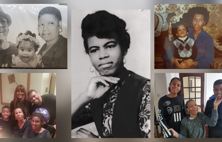 A collage of images of a woman and her family