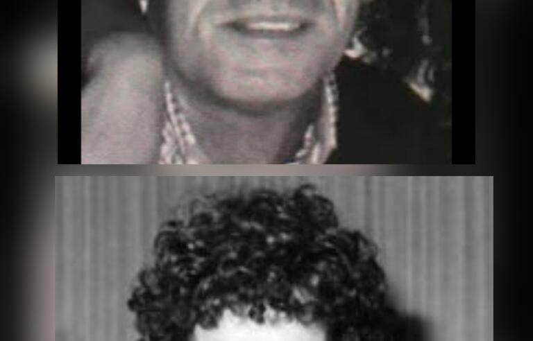 Two black and white images of two men, one smiling and one in a boxing stance