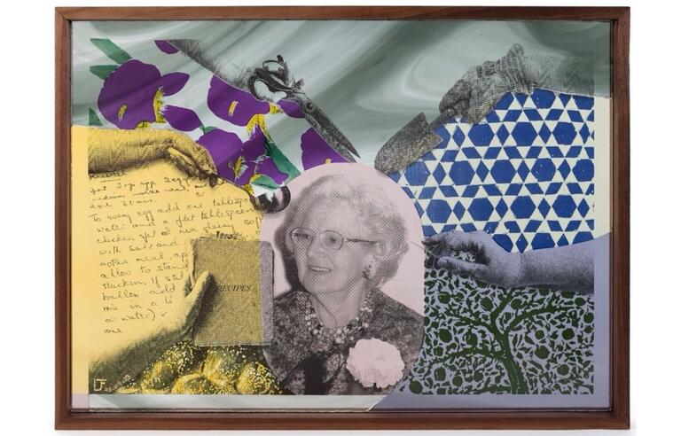 A collage of materials with a black and white image of an older woman in the centre