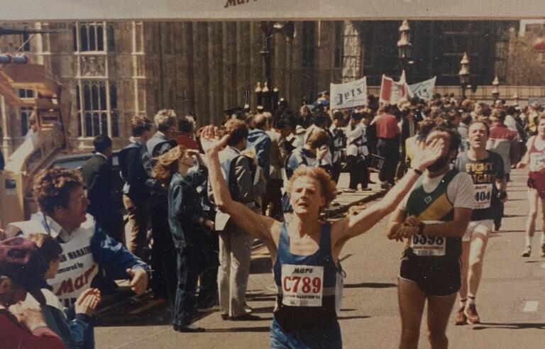 A film photo of London Marathon runners at the finish line