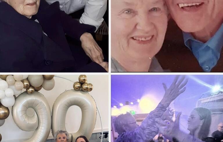 A collage of four photos: an elderly woman and a younger person, an older couple, a woman and younger person in front of a 90 balloon and people at a party